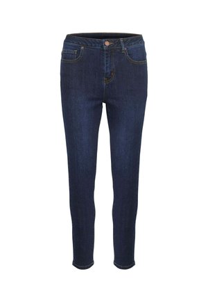 Jean slim bleu foncé avec bouton à l'avant et poches, présenté sur fond blanc.