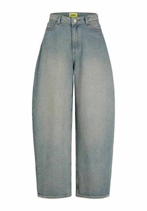 Hellblaue, weit geschnittene Jeans mit hoher Taille, vorderem Knopf, Reißverschluss und Vordertaschen.