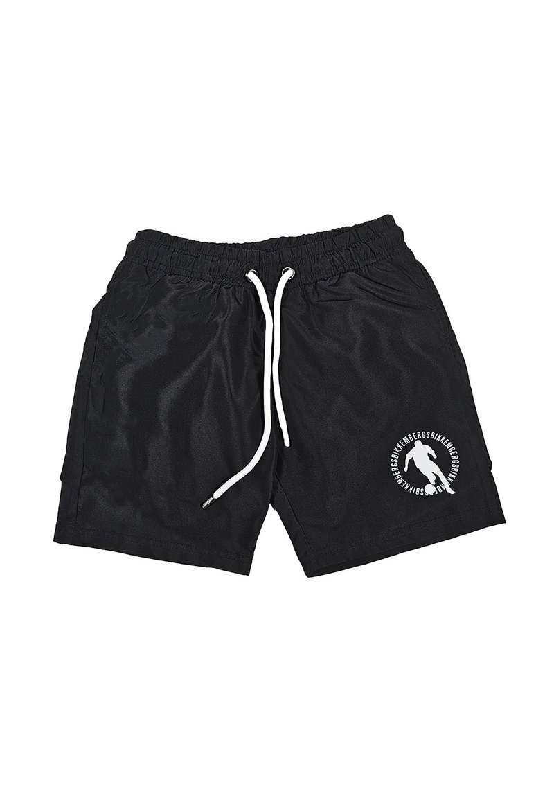Pantaloni da bagno neri realizzati in un materiale lucido, con cordini bianchi e un logo circolare con una grafica sul lato sinistro in basso.