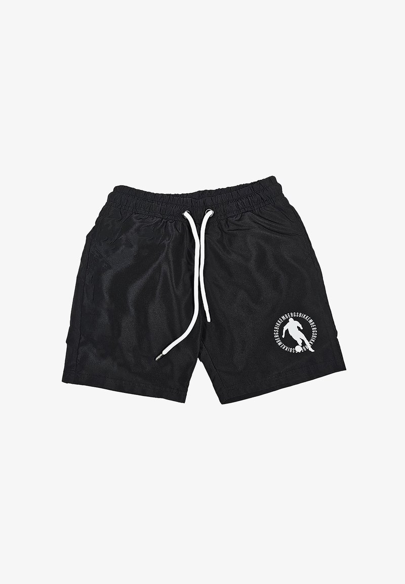 Pantaloni da bagno neri realizzati in un materiale lucido, con cordini bianchi e un logo circolare con una grafica sul lato sinistro in basso.