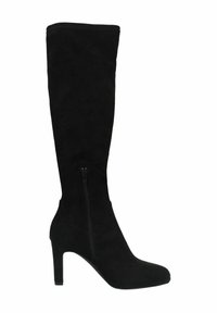 Black, knee-high suede boot with a pointed toe and a 4-inch stiletto heel. Features a side zipper and a smooth texture.