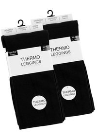 Leggings thermiques noirs en pack de deux, avec une texture lisse et des étiquettes suspendues ajustables. Taille indiquée comme L/XL (44-46).