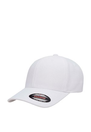 Casquette de baseball blanche en tissu texturé avec une visière incurvée. Présente une étiquette Flexfit noire à l'avant. Pas de motifs ou d'accents visibles.