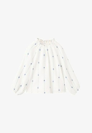 Witte blouse met lange mouwen, een aangezette halslijn en blauwe verticale bloemembroidery.