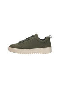 Groene leren sneakers met een textuur, ronde neus en een contrasterende beige rubberen zool. Voorzien van bijpassende veters en een trekriempje.