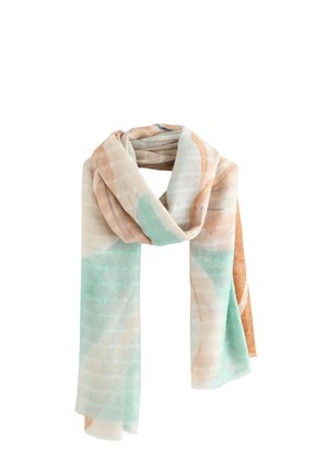 Lightweight scarf in soft fabric, featuring a watercolor pattern with mint green, peach, and brown hues; finished with fringed edges.