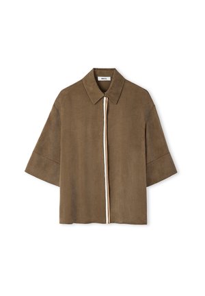 Brown suede short-sleeve shirt with wide collar and concealed button placket featuring a vertical cream and black striped trim.