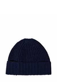 Berretto lavorato a maglia di colore blu navy con una texture a costine e un risvolto. Il design è semplice ed è realizzato in un materiale elastico e caldo.