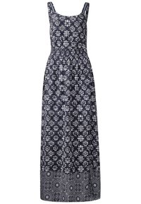 Robe maxi sans manches bleu marine avec motifs floraux et géométriques blancs, taille ajustée et encolure carrée.