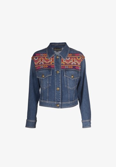 Denim jaka ar īsu dizainu, ar izšūtu daudzkrāsainu rakstu uz pleciem un zelta tonī pogām priekšā.