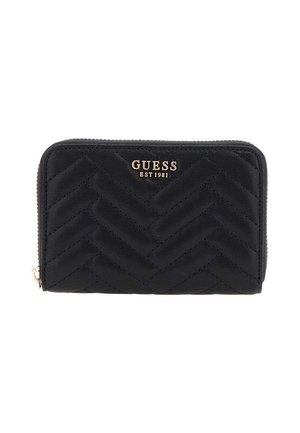 Portefeuille en cuir noir avec un matelassage en chevrons, fermeture éclair et logo doré embossé. Forme rectangulaire compacte, texture lisse, design minimaliste.