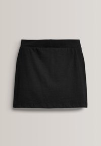 Zwarte katoenen mini-jurk met een aansluitende elastische tailleband en een gladde textuur. Eenvoudig ontwerp, zonder zichtbare patronen of hardware.