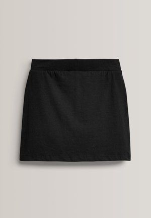 Schwarzer Baumwoll-Minirock mit einem enganliegenden, elastischen Bund und glatter Textur. Einfaches Design, ohne sichtbare Muster oder Beschläge.