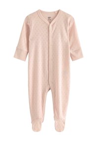 Jasnoróżowy body dla niemowląt wykonane z miękkiej bawełny, z teksturowanym wzorem, długimi rękawami, z zapięciem na napy z przodu i nogawkami zakończonymi stopkami.