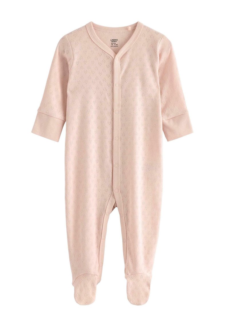 Jasnoróżowy body dla niemowląt wykonane z miękkiej bawełny, z teksturowanym wzorem, długimi rękawami, z zapięciem na napy z przodu i nogawkami zakończonymi stopkami.