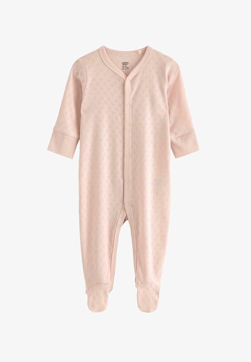 Body neonato rosa chiaro in morbido cotone, con un motivo testurizzato, maniche lunghe, bottoni frontali e gambe con piedini.