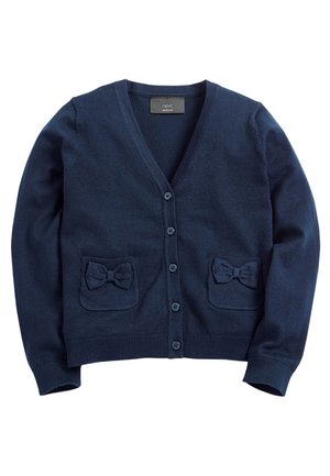 Cardigan bleu marine à boutons avec manches longues, deux poches avant chacune ornée d'un détail en nœud tricoté.