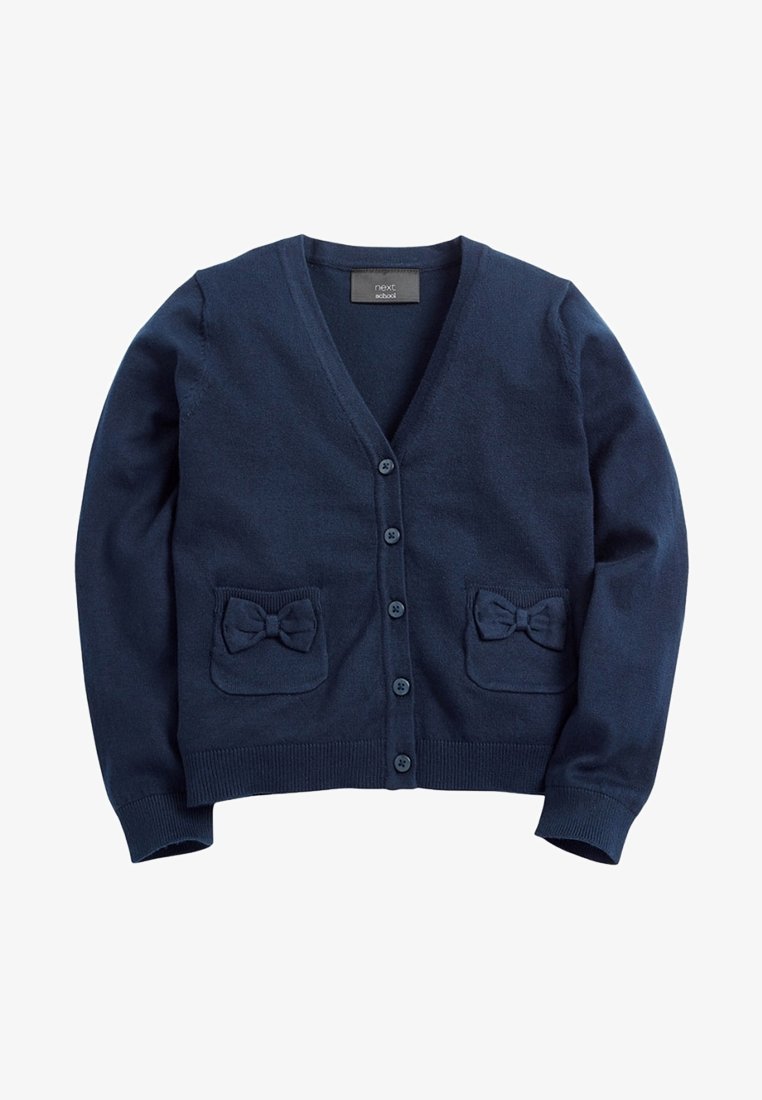 Cardigan bleu marine à boutons avec manches longues, deux poches avant chacune ornée d'un détail en nœud tricoté.