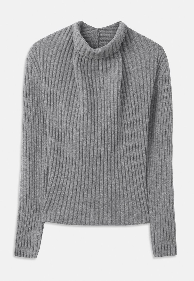 Gray ribbed sweater with a funnel neck, long sleeves, and a textured fabric. The design features vertical stripes and a relaxed fit.