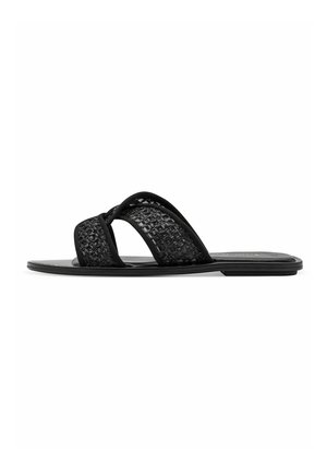 Black slide sandals featuring two woven straps and a flat sole. Material shows a textured pattern; minimalistic design.