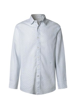 Košeľa s dlhými rukávmi na zapínanie na gombíky s jemným svetlomodrým geometrickým vzorom a špicatým golierom, zobrazená na bielom pozadí.