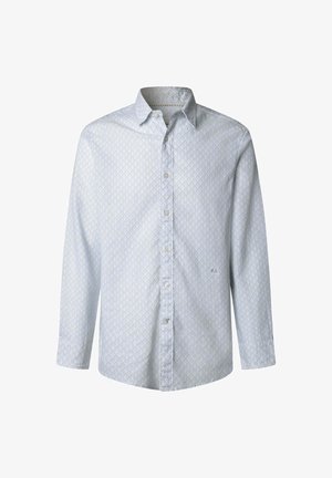 Košeľa s dlhými rukávmi na zapínanie na gombíky s jemným svetlomodrým geometrickým vzorom a špicatým golierom, zobrazená na bielom pozadí.