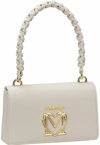 Cremefarvet faux læder håndtaske med flettet håndtag og hardware i guld tone. Har prægede "LOVE MOSCHINO" logo og hjerteformede initialer.