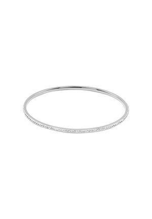 Thin silver bangle bracelet with small clear stones evenly set along the outer edge on a white background.
