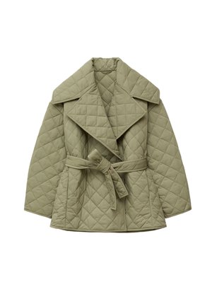 Quilted, light green jacket with a wide collar, tied waist belt, and three-quarter length sleeves. Soft texture with a diamond pattern.