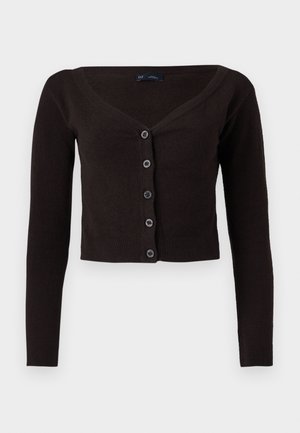 Dark brown, cropped cardigan made of soft knit material. Features a V-neckline and five front buttons with a ribbed hem and cuffs.