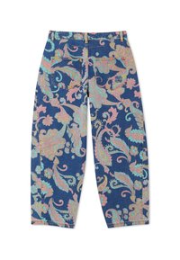 Τζιν παντελόνι με φαρδιές μπατζάκια, διακοσμημένο με πολύχρωμο παστέλ μοτίβο παϊέτ ας σε ροζ, μπλε και κίτρινο, με δύο πίσω τσέπες και θηλιές για ζώνη.