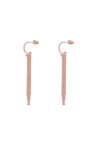 Orecchini in oro rosa con un design a gancio curvo e lunga frangia che scende, realizzata con sottili fili di metallo.