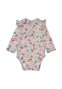 Blumiger Body mit langen Ärmeln, weißem Hintergrund, kleinen roten, pinken und blauen Blumen, Rüschensaum am Kragen und Druckknopfverschluss am Boden.