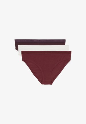 Three pairs of women's briefs in dark burgundy, white, and a lighter burgundy, made from soft, stretchy fabric with logoed elastic waistbands.