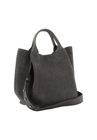 Dark gray suede tote bag with short handles and an adjustable shoulder strap with metal studs, set against a white background.