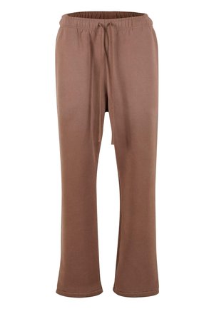 Braune Baumwollmischungshosen mit lässiger Passform, elastischem Bund und Kordelzug. Mit geraden Beinen und ohne Taschen.