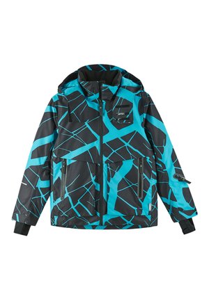 Giacca nera con motivo astratto blu, dotata di cappuccio, zip anteriore e numerose tasche con zip. Realizzata in materiale liscio e impermeabile.
