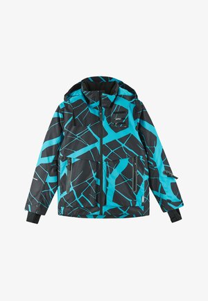 Black jacket with blue abstract pattern, featuring a hood, front zipper, and multiple zippered pockets. Made of smooth, waterproof material.