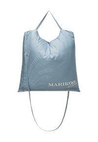 Inpakbare tas van lichtblauw nylon, met een V-vormige opening aan de bovenkant, zijrits en een lange, verstelbare schouderband. Versierd met een bladpatroon.