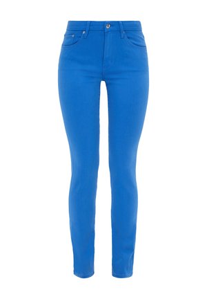 Blauwe denim skinny jeans met een gladde textuur, hoge tailleband en een vijf-pocket ontwerp. Heeft een metalen knoop en ritssluiting.