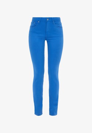 Blauwe denim skinny jeans met een gladde textuur, hoge tailleband en een vijf-pocket ontwerp. Heeft een metalen knoop en ritssluiting.