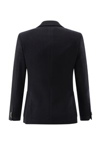 Dunkelblauer Blazer aus strukturiertem Stoff, mit einfachem Schlitz, Revers mit Kerbe und dekorativen Knöpfen an den Ärmeln.