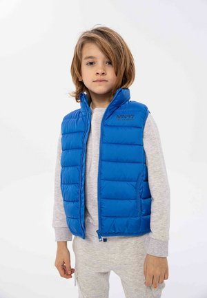 Gilet blu imbottito con motivo a righe orizzontali, collo alto e apertura frontale. Logo del marchio stampato di lato. Indossato sopra una maglietta grigia a maniche lunghe.