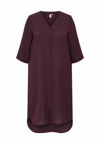Burgundia nööbidress lühikeste varrukatega, V-kaelusega ja kõrge madala hemiga. Valmistatud siledast kangast, millel on pehme tekstuur ja mustad nööbid.