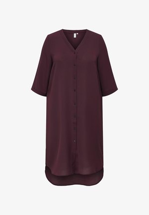 Burgundy button-up dress with short sleeves, V-neckline, and a high-low hem. Made of smooth fabric with a soft texture and black buttons.