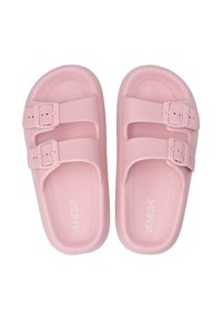 Pink rubber sandals with three adjustable straps featuring buckles. Textured surface for grip and cushioned footbed. Flat sole design.
