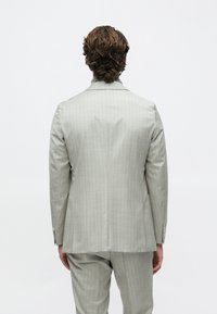 Mand med bølget brunt hår iført en lysegrå jakkesæt med nålestriber vendt væk mod en ensfarvet hvid baggrund.