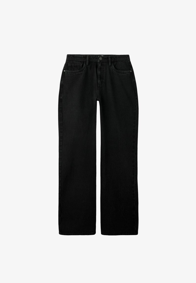 Jeans neri a gamba larga realizzati in denim, con chiusura a bottone, cinque tasche e una finitura pulita. Il materiale ha una texture liscia.