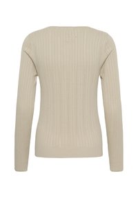 Pull beige à manches longues en maille côtelée vu de dos, avec des lignes verticales texturées et un col rond. Aucun logo ni motif visible.