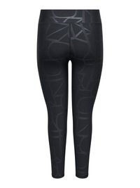 Zwarte leggings met een hoge taille en subtiele gestructureerde abstracte geometrische patronen die de volledige lengte van de benen bedekken.